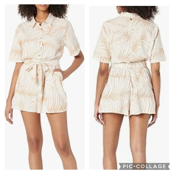 Roxy Women’s Size M Peach Romper Summer Beach Pockets Toast Palm Tree Dreams - Picture 9 of 9